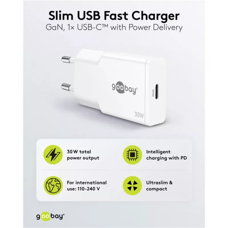 USB-C PD GaN ohut pikalaturi (30 W) (valkoinen)