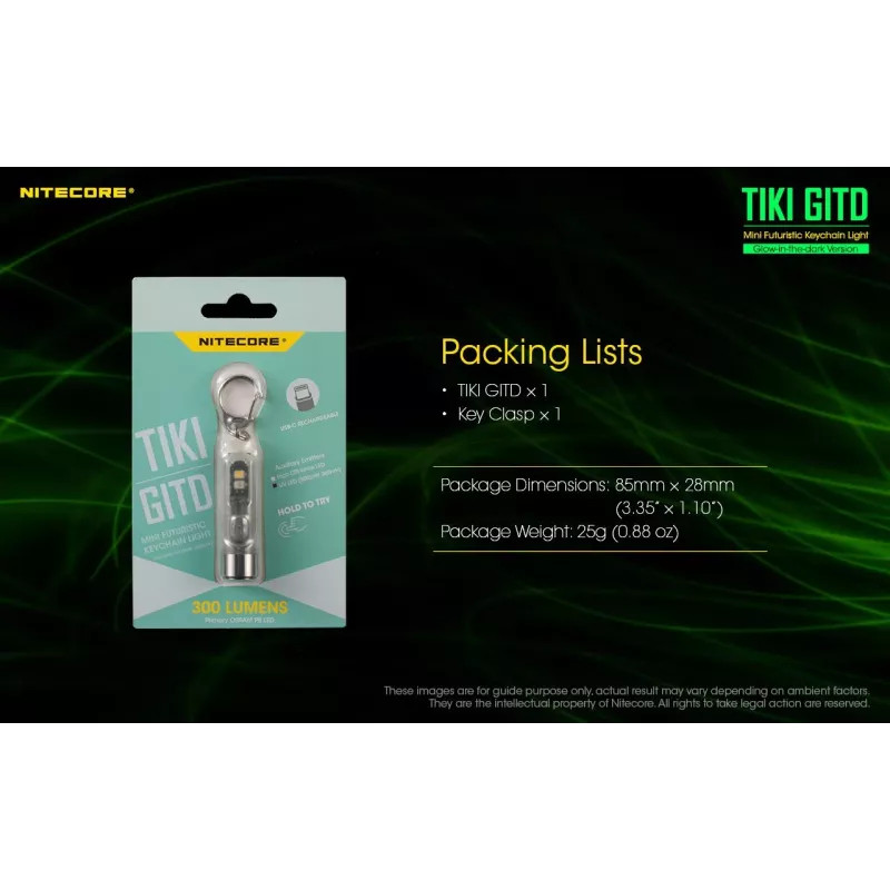 Nitecore TIKI GITD taskulamppu, T-sarja, 300 lumenia