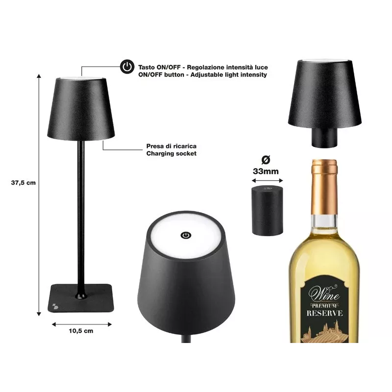 Beper P201UTP118 ladattava LED-pöytävalaisin, 1,5 W, kosketuskytkin, himmennettävä, 33 mm:n pullosovitin, vedenkestävä, musta