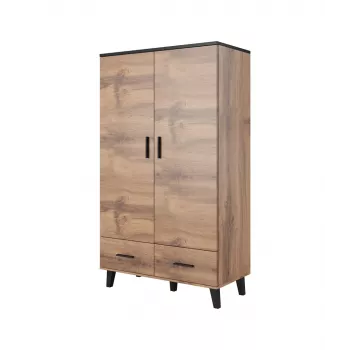 Vaattekaappi cama meble LOTTA 2D2D, 2-ovinen, Wotan-tammi runko, mattamustat ovet, 1100×550×1900 mm