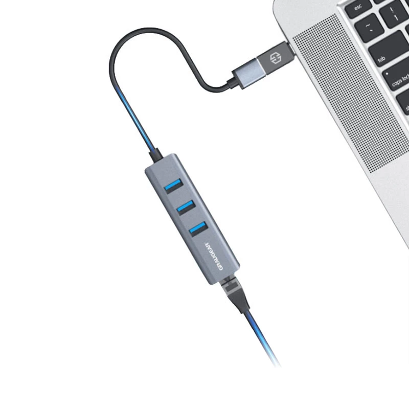 GRAUGEAR USB-keskitin G-HUB31L-A — USB 3.2 Gen 1 Type-A-isäntä, 3x USB 3.2 Gen 1 Type-A-portti + RJ-45, 5000 Mbit/s