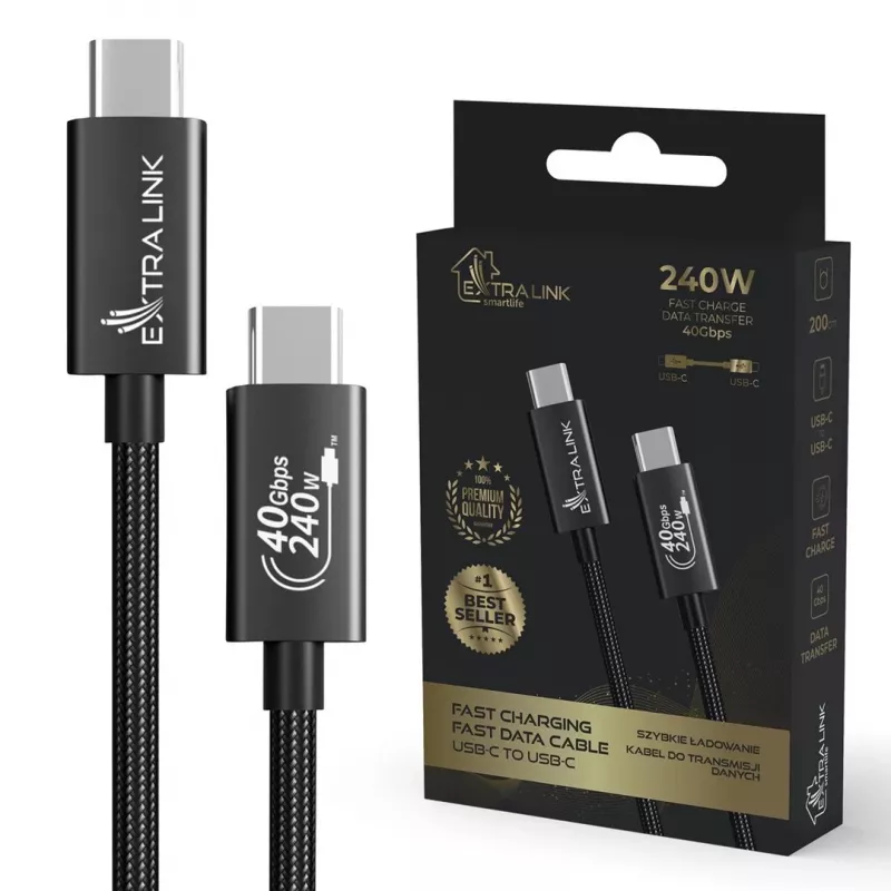Extralink Smart Life CABESL05 USB-C–USB-C-kaapeli, punottu, 240 W, 40 Gbps, 2 m, musta