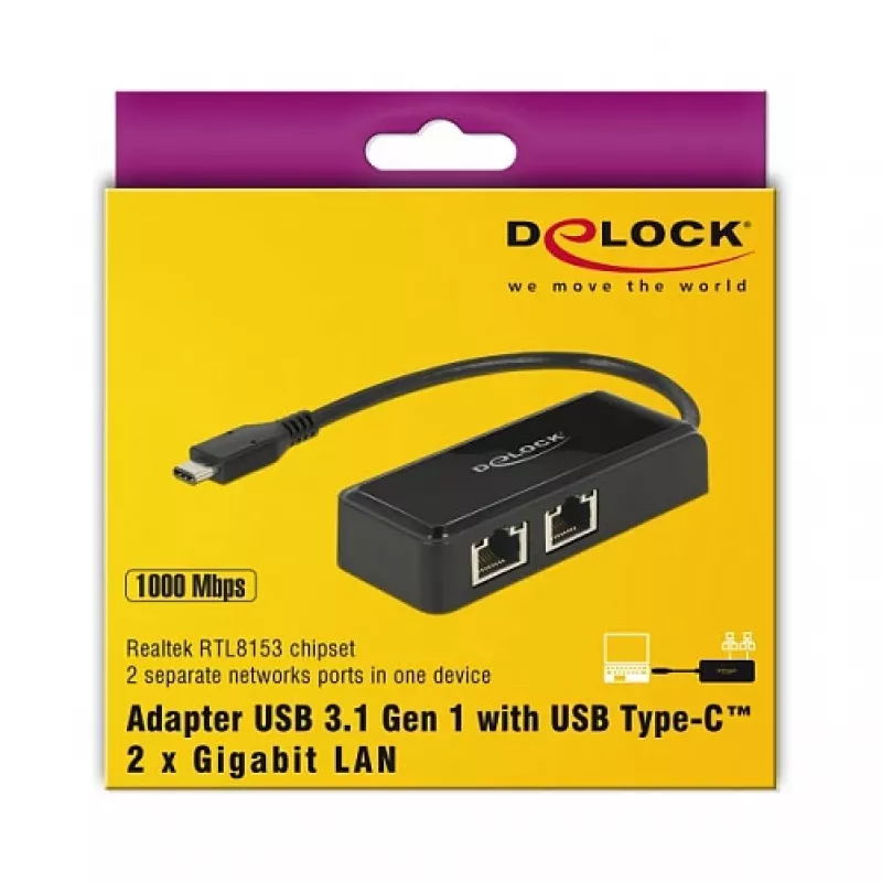 DeLOCK 63927 USB-C - 2x Gigabit LAN -sovitin, musta