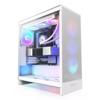 PC-kotelo NZXT H7 Flow RGB Midi Tower valkoinen — karkaistu lasi, EATX, edessä 3×120mm, USB-C