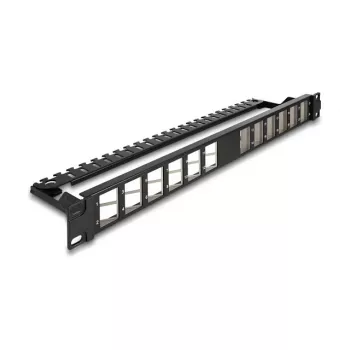 DELOCK 19 inch Keystone-patch-paneeli 24-porttia kulma vedonpoistolla, 1U, musta, 482,6×125,5×44,2 mm