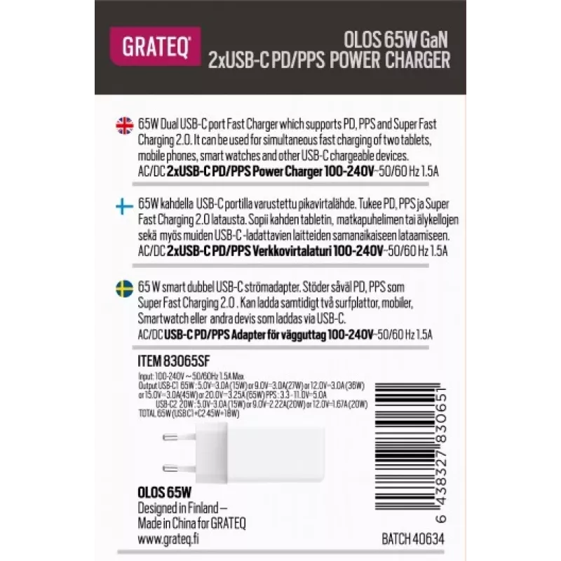 GRATEQ OLOS seinälaturi PD/PPS, 2x USB-C, GaN, 65 W