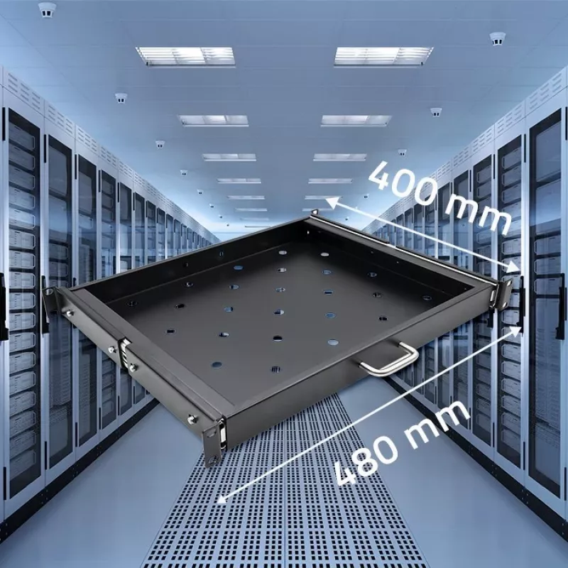 Qoltec 54509 teräksinen liukuhylly räkkiin, 600x600, musta