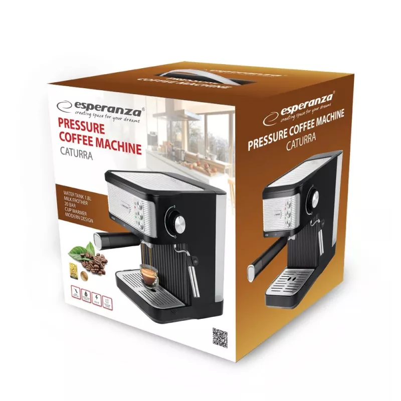 Espressokeitin ESPERANZA EKC011 — 1,8 L vesisäiliö, 850 W, 20 bar, kosketusohjaus, maidonvaahdotin