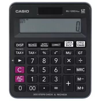 Pöytälaskin CASIO MJ-120D PLUS — yksinkertainen 12-numeroinen, paristo/aurinko, 35 painiketta, vero & neliöjuuri, musta