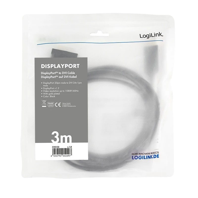 Videokaapeliadapteri LogiLink CV0132 DisplayPort–DVI 3 m musta
