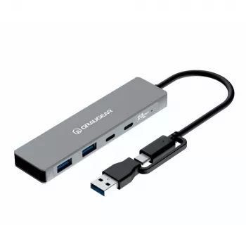 USB-keskitin GrauGear G-HUB2C2A-10G — 4-porttinen USB 3.2 Gen 1 (2x Type-C, 2x Type-A), 10 Gbit/s, 100 W, alumiini, harmaa
