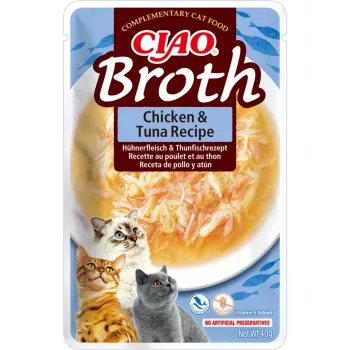 Märkä kissanherkku INABA Ciao Broth kana & tonnikala 40 g — lihaisa nestemäinen herkku pussissa, proteiini 9,4 %, kosteus 88 %