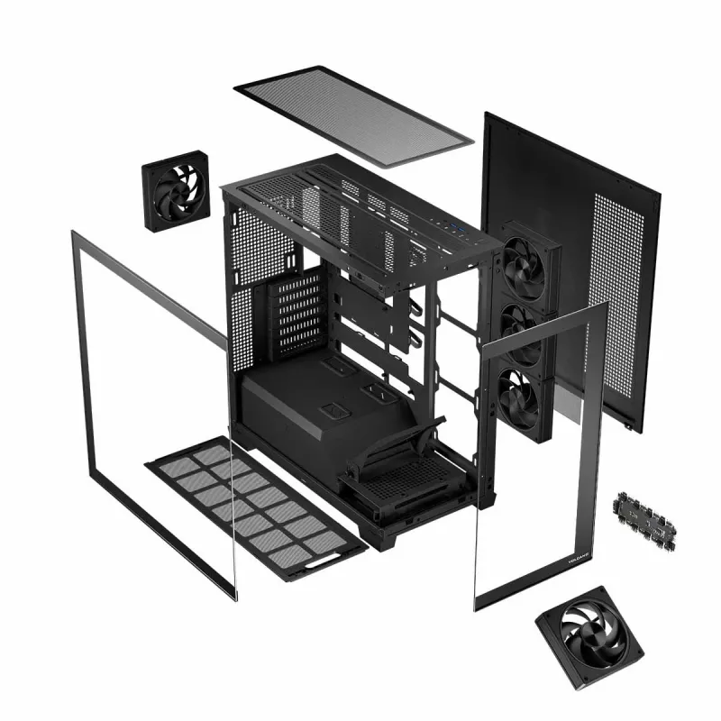 PC-kotelo MODECOM Volcano Stellar 5F ATX Midi Tower, karkaistu lasi, 5 esiasennettua tuuletinta, USB‑C, tukee microATX/ATX, max. GPU 420 mm, CPU-jäähdyttimen korkeus 175 mm