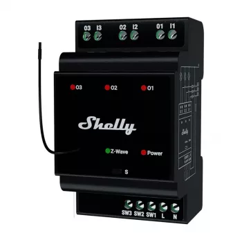 DIN-kiskoon asennettava älyrele Shelly WavePro3 3-kanavainen Z-Wave, 110–240 V, 25 A kanavaa kohti, AES-128, DIN-asennus
