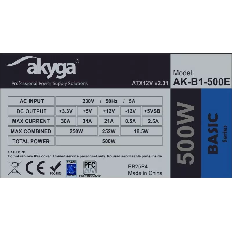 Akyga AK-B1-500E Basic 500 W ATX-virtalähde, passiivinen PFC, 120 mm tuuletin, harmaa