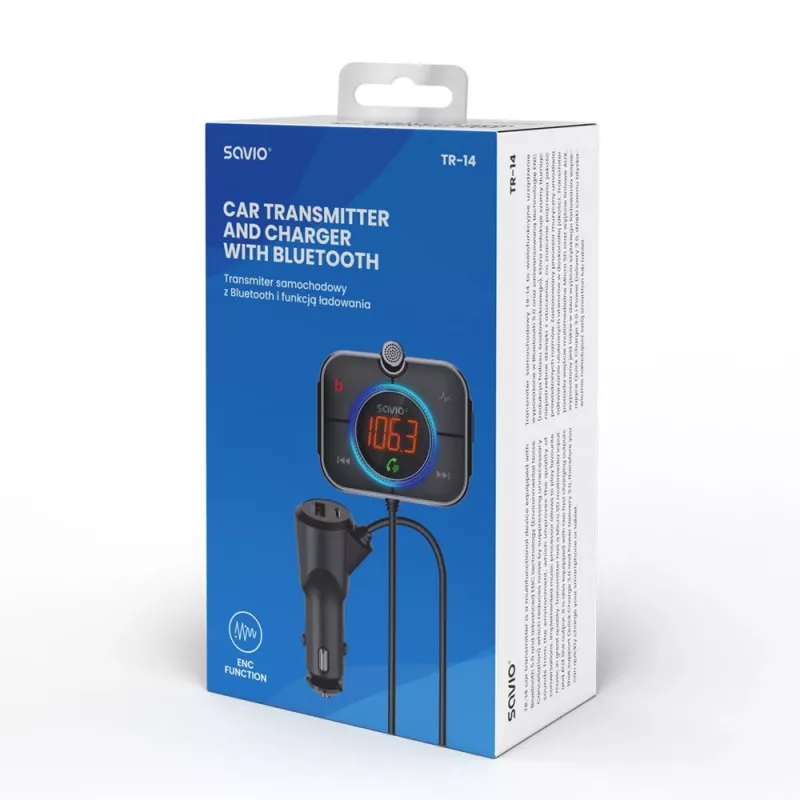 FM-lähetin SAVIO TR-14 Bluetooth USB, FM 87,6–107,9 MHz, MicroSD, USB-C, 12 V autovirtalähde