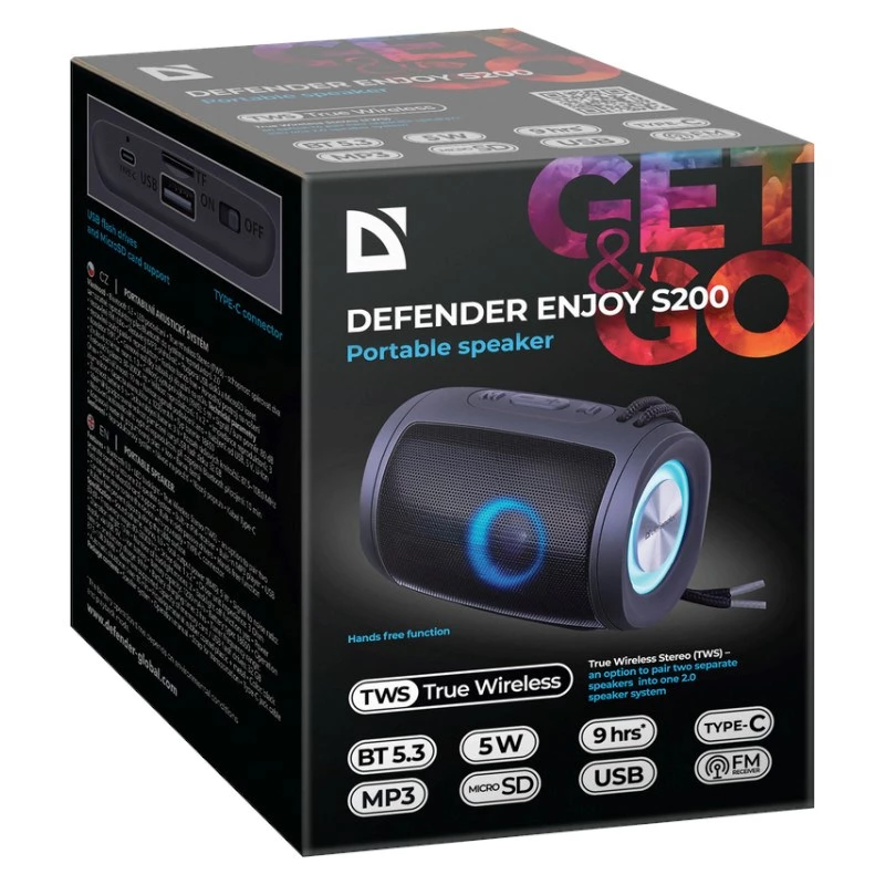 DEFENDER Enjoy S200 65200 kannettava Bluetooth-kaiutin, TWS, 5 W, LED-valo, FM, microSD, 10 h akku, musta