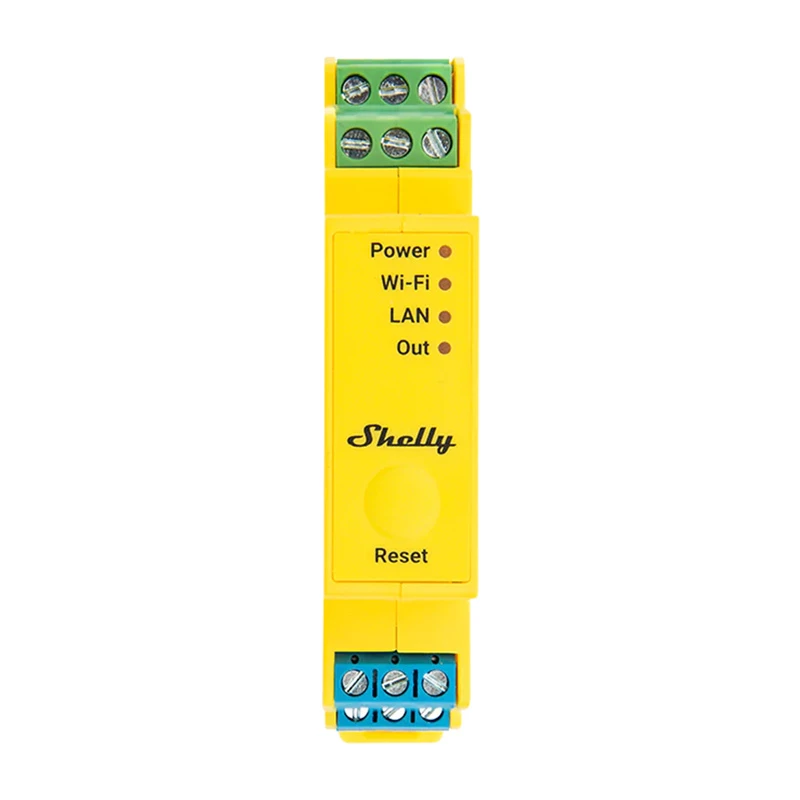 Shelly Pro RGBWW PM 5-kanavainen LED-valaistuksen ohjain, DIN-kiskoon, Wi-Fi, LAN, Bluetooth, energiamittaus, 12-24 V DC, keltainen
