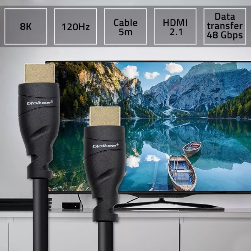 HDMI 2.1 kaapeli QOLTEC 5 m — 48 Gbit/s, 8K@60Hz, 26AWG, kullatut liittimet