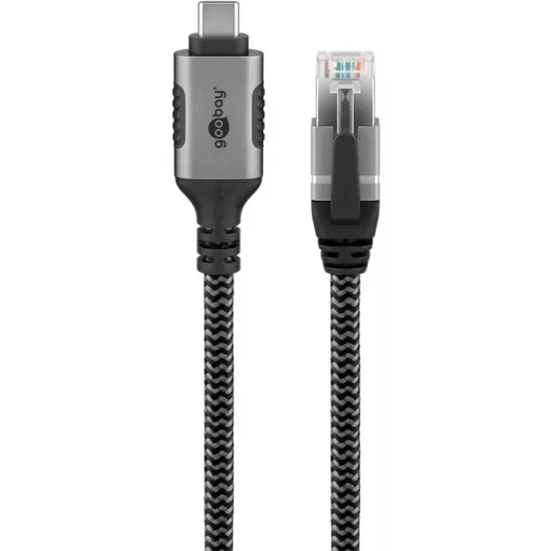 Ethernet-kaapeli USB-C 3.2 Gen2 uros > RJ-45 uros, LAN-sovitin musta/hopea, 3 metriä, punottu tekstiilivaippa