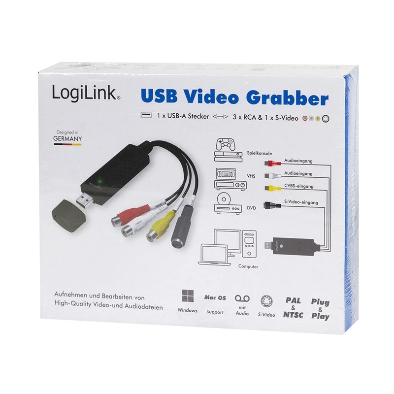LogiLink USB 2.0 A/V -kaappari. USB A-uros 3xCinch + MiniDIN5-naaras. musta