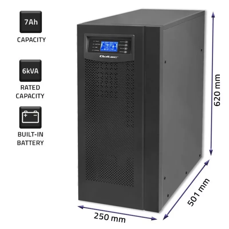 Qoltec 53982 On-line-UPS puhdas siniaalto, 6 kVA / 4,8 kW, LCD, USB