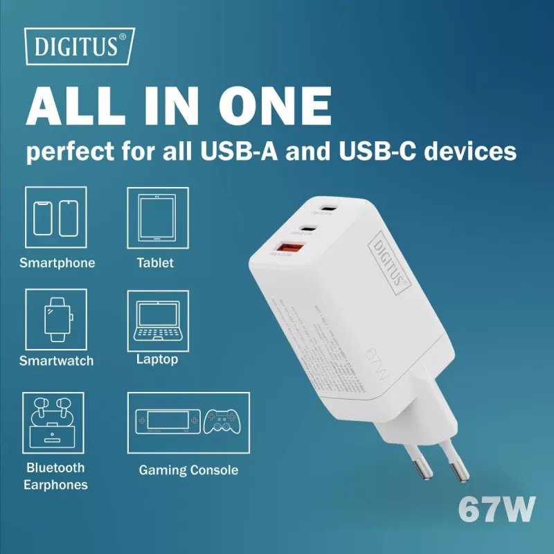 Seinä USB-laturi DIGITUS DA-10303 67W GaN, 2× USB-C + 1× USB-A, 100–240V, valkoinen