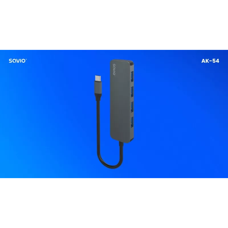 USB-keskitin SAVIO AK-54 — 4 x USB-A (USB 3.2 Gen 1), USB-C-isäntä, musta