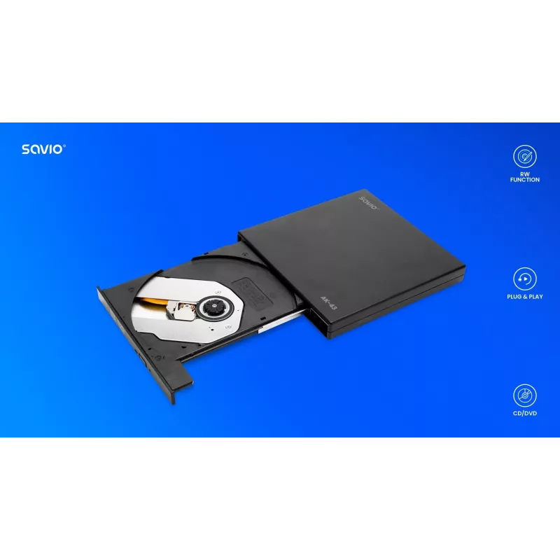 Ulkoinen ohut DVD±RW-asema SAVIO AK-43, USB 2.0, musta, tukee CD-/DVD-lukua/kirjoitusta (24x CD, 8x DVD)