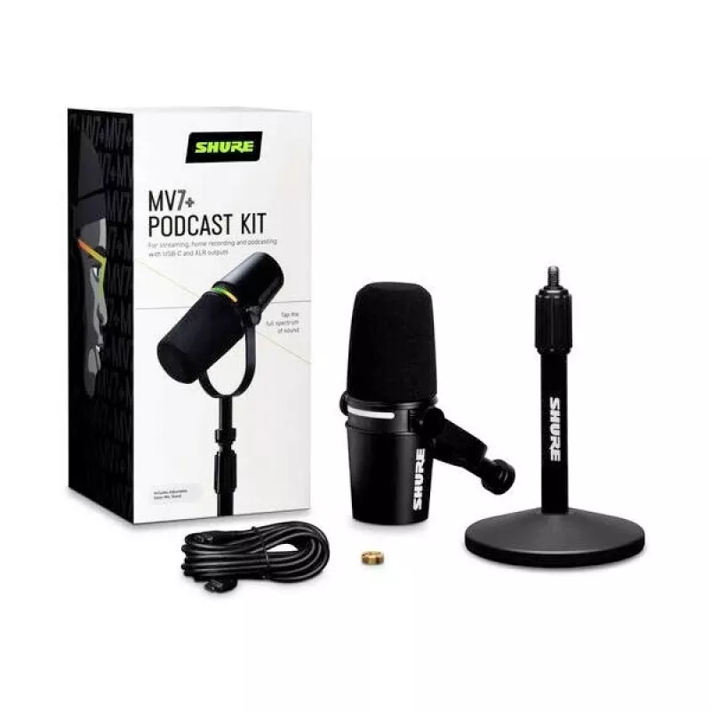 Shure MV7+-K-BNDL - puhe-/laulumikrofoni XLR/USB-C-liitännällä, musta + pöytäteline GATOR