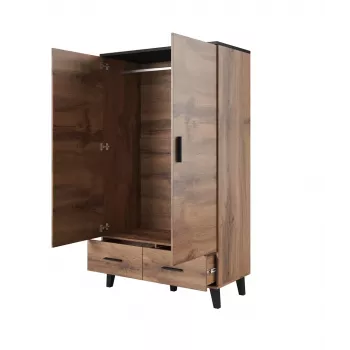 Vaattekaappi cama meble LOTTA 2D2D, 2-ovinen, Wotan-tammi runko, mattamustat ovet, 1100×550×1900 mm