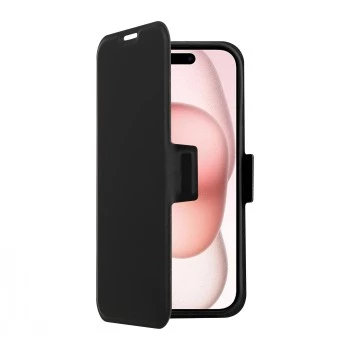 Lompakkokotelo SCREENOR CLEVER iPhone 15 (6,1 tuuman näyttö, PU-nahka, musta) korttipaikalla ja pöytätelineellä