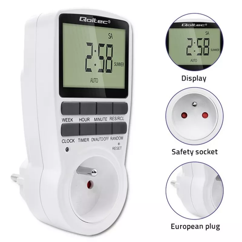 Elektroninen ajastin QOLTEC PC0628 LCD-näytöllä, 24 tunnin countdown