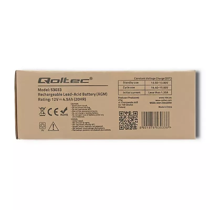Qoltec 53033 AGM-akku 12 V 4,5 Ah, maks. 1,35 A, huoltovapaa