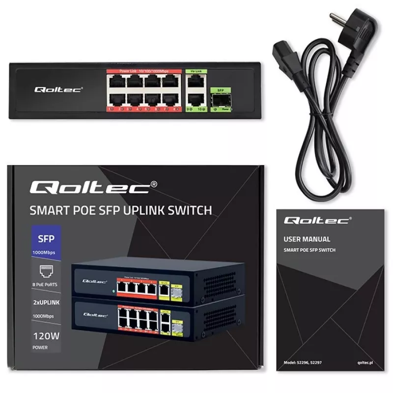Ethernet-kytkin QOLTEC 52297 PoE RJ45 PoE-uplinkilla ja SFP-portilla