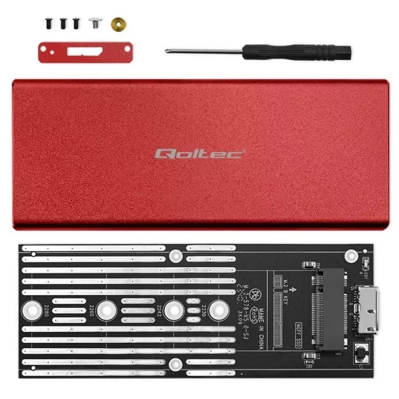 SSD-kotelo QOLTEC 51831 USB 3.0 M.2 SATA-asemille jopa 2 TB, punainen, tukee 30 mm pituutta, jopa 4 asemaa