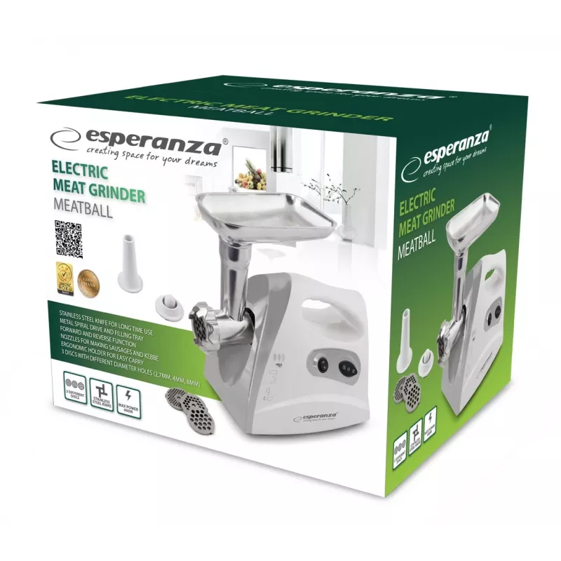 Esperanza EKM012E Meatball sähkökäyttöinen lihamylly, 600 W, 3 leikkuulevyä, makkara- ja kebbe-lisäosat, harmaa