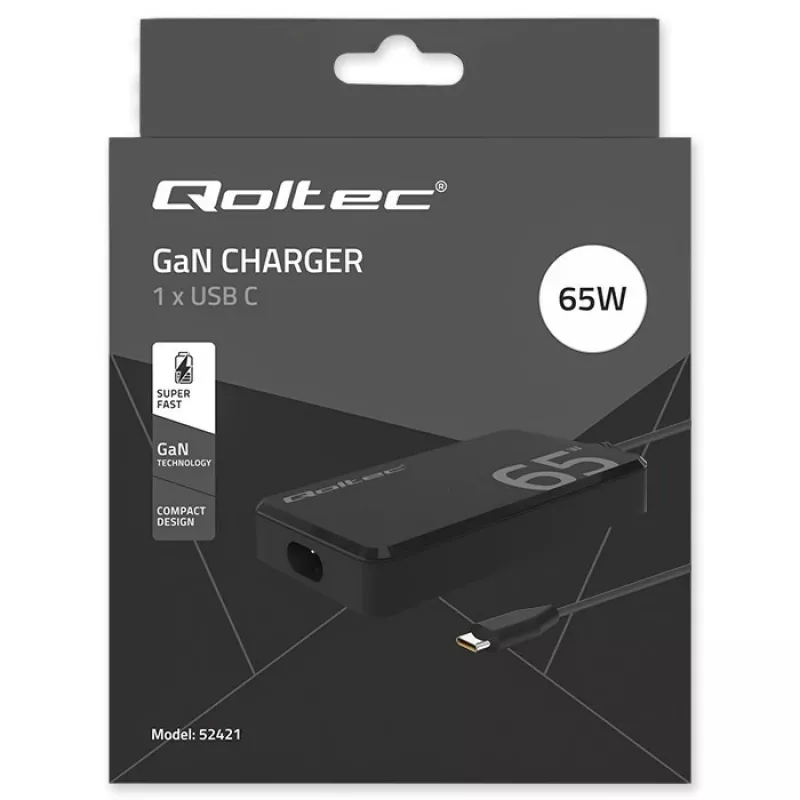 QOLTEC laturi 65W GaN Super Fast ohut PD 5-20V 3,25A USB-C