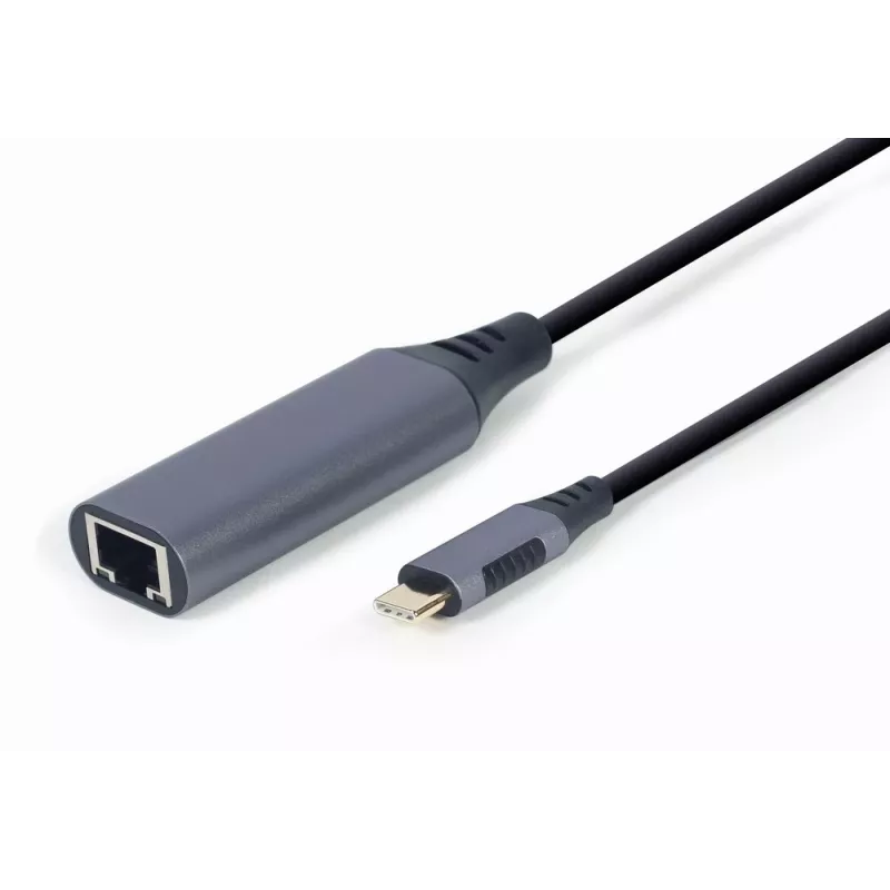 Verkkosovitin Gembird A-USB3C-LAN-01 Type-C USB 3.2 Gen 1, Gigabit RJ-45, 0,15 m kaapeli, metallikotelo, harmaa/musta