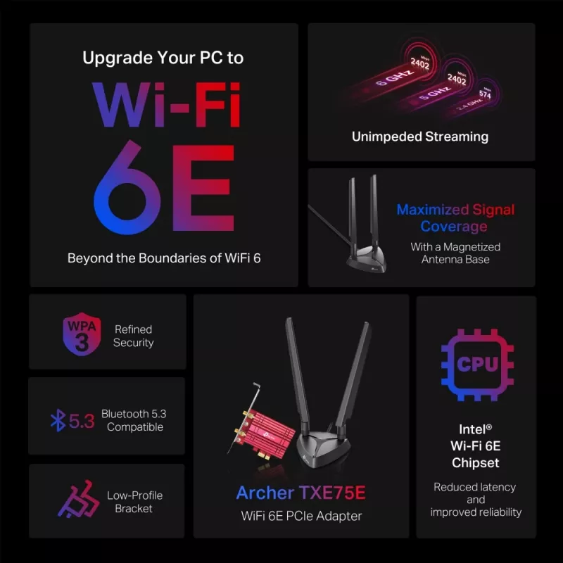 TP-Link AXE5400 Wi-Fi 6E Bluetooth 5.2 PCIe -adapteri, sisäinen, langaton, PCI Express, WLAN / Bluetooth, 5400 Mbit/s, musta, punainen