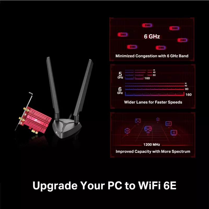 TP-Link AXE5400 Wi-Fi 6E Bluetooth 5.2 PCIe -adapteri, sisäinen, langaton, PCI Express, WLAN / Bluetooth, 5400 Mbit/s, musta, punainen