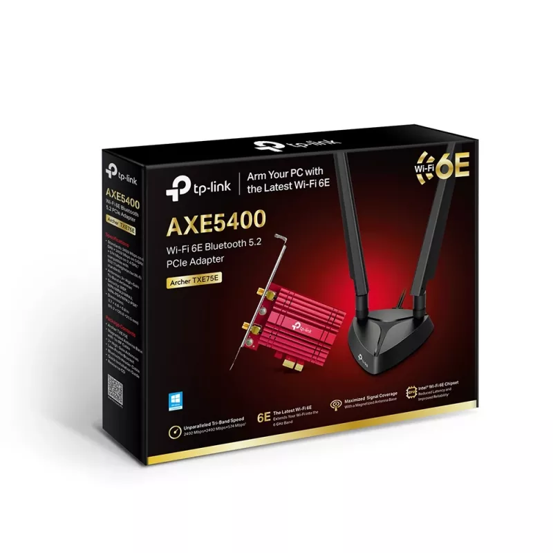 TP-Link AXE5400 Wi-Fi 6E Bluetooth 5.2 PCIe -adapteri, sisäinen, langaton, PCI Express, WLAN / Bluetooth, 5400 Mbit/s, musta, punainen