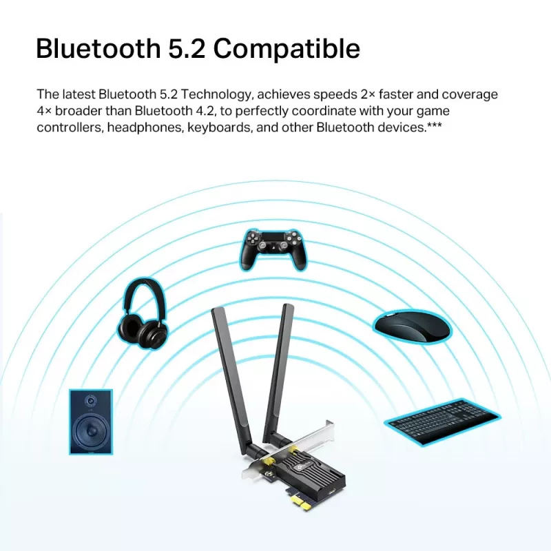 TP-Link AX1800 Wi-Fi 6 Bluetooth 5.2 PCIe -sovitin, sisäinen, langaton, PCI Express, WLAN / Bluetooth, 1800 Mbit/s, musta