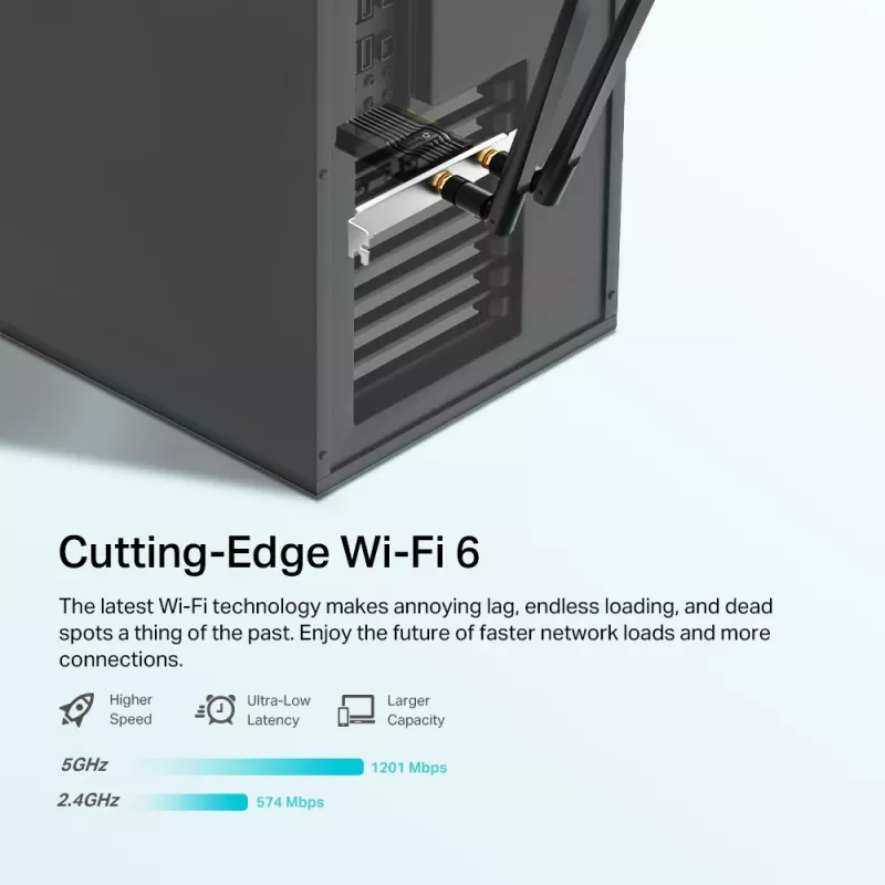 TP-Link AX1800 Wi-Fi 6 Bluetooth 5.2 PCIe -sovitin, sisäinen, langaton, PCI Express, WLAN / Bluetooth, 1800 Mbit/s, musta