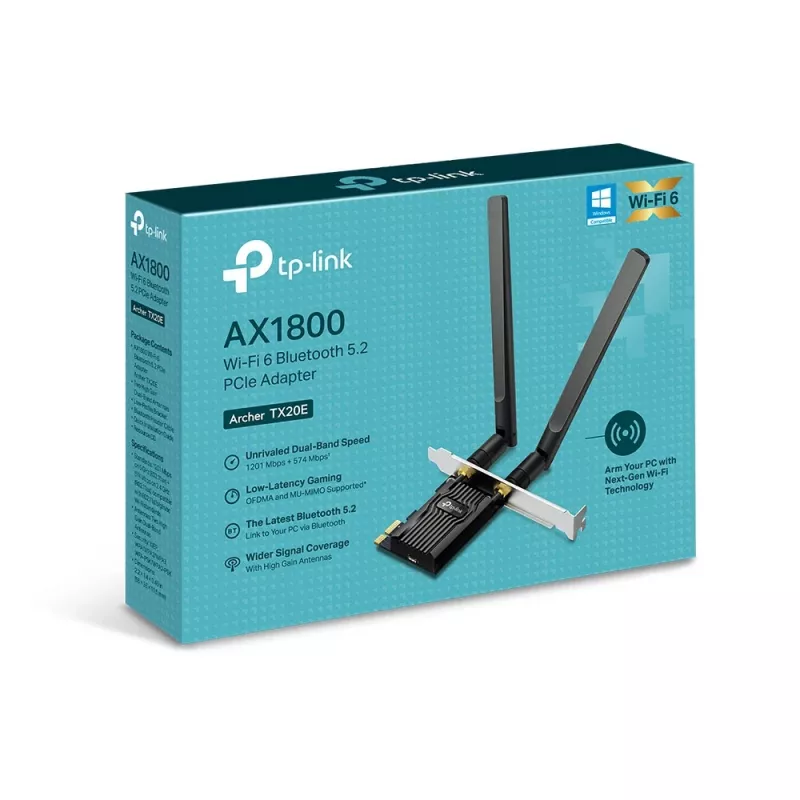 TP-Link AX1800 Wi-Fi 6 Bluetooth 5.2 PCIe -sovitin, sisäinen, langaton, PCI Express, WLAN / Bluetooth, 1800 Mbit/s, musta