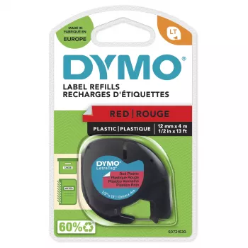 DYMO merkin LetraTag muovitarrat | 12 mm x 4 m rulla | musta teksti punaisille tarroille | monikäyttöiset itseliimautuvat tarrat LetraTag-tarratulostimille