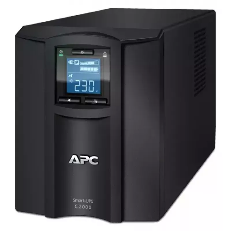 APC Smart-UPS C, Line Interactive, 2000VA, Tower, 230V, 6x IEC C13+1x IEC C19 lähdöt, USB- ja sarjaviestintä, AVR, graafinen LCD