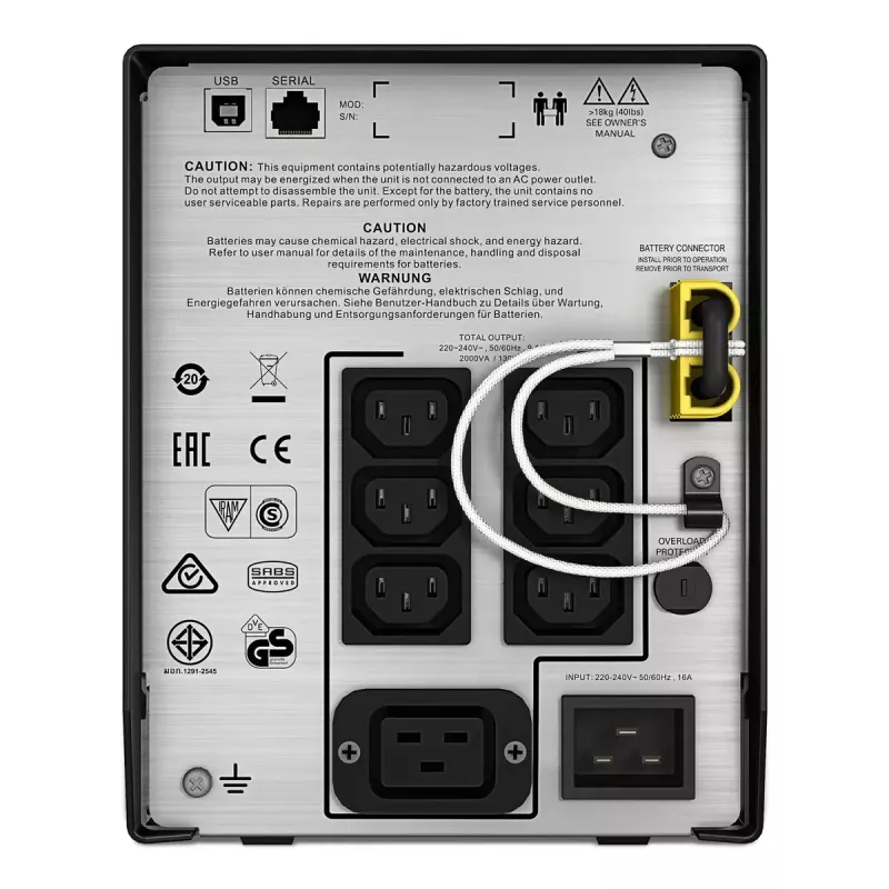 APC Smart-UPS C, Line Interactive, 2000VA, Tower, 230V, 6x IEC C13+1x IEC C19 lähdöt, USB- ja sarjaviestintä, AVR, graafinen LCD