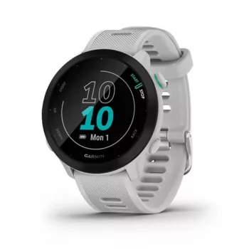 Älykello GARMIN Forerunner 55 — 42 mm pyöreä urheilukello, GPS/GLONASS/Galileo, 14 päivän akku, 5 ATM, valkoinen silikoniranneke