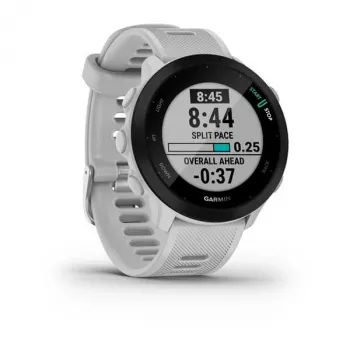 Älykello GARMIN Forerunner 55 — 42 mm pyöreä urheilukello, GPS/GLONASS/Galileo, 14 päivän akku, 5 ATM, valkoinen silikoniranneke